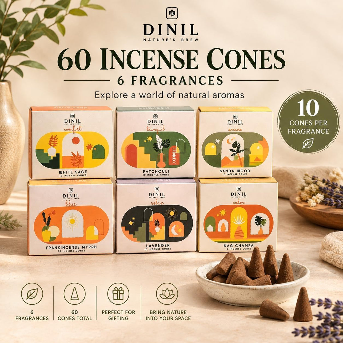 Dinil Boho Bliss Incense Cones Variety Pack, 60 Cones, 6 Fragrances