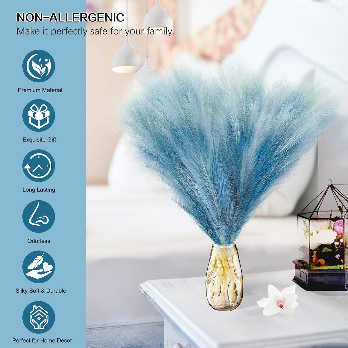 KALYLOC 8Pcs Blue Faux Pampas Grass Short Artificial Pampas Grass Plants