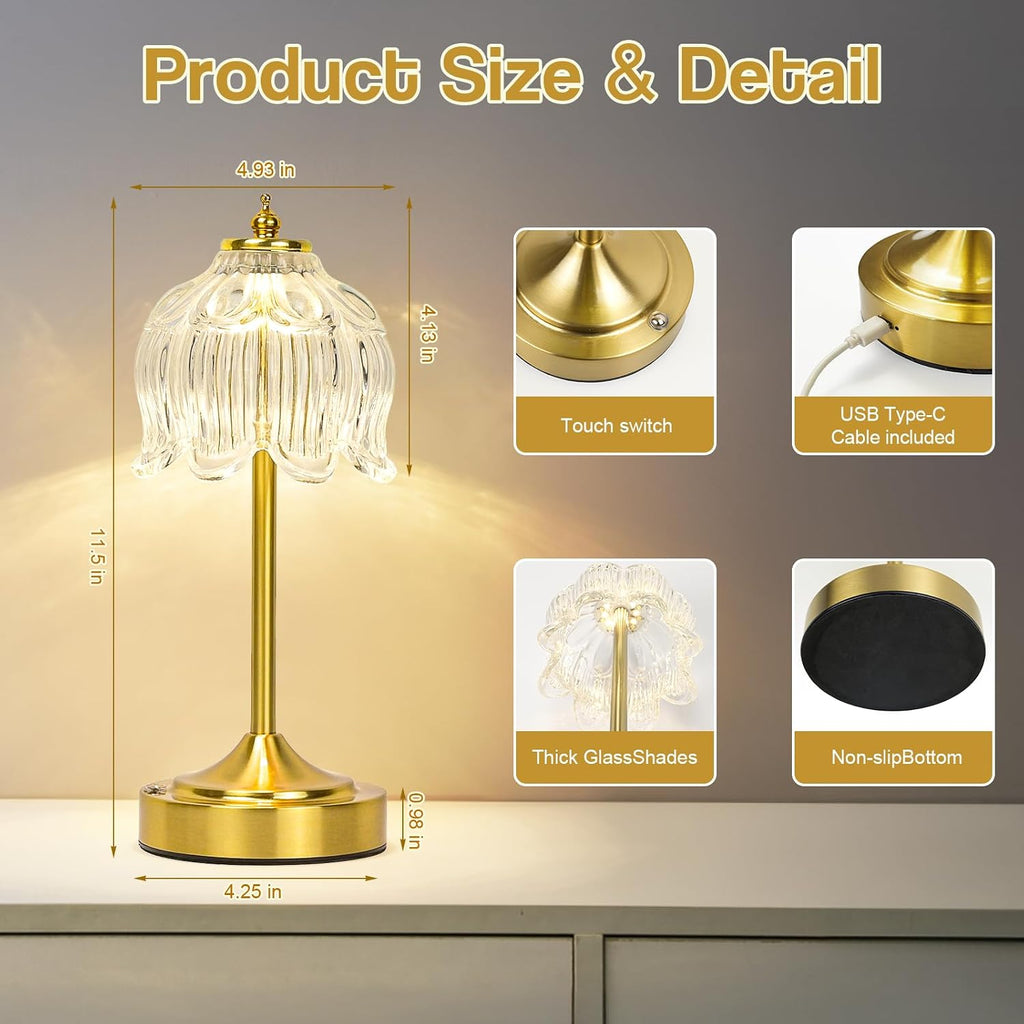 Cordless Table Lamp, Rechargeable Clear Glass Lotus Flower Lamp