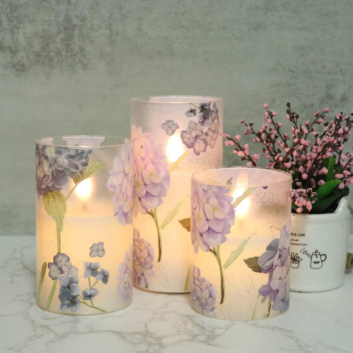 Hydrangea Glass Flameless Candles Batttery Operated Remote Timer