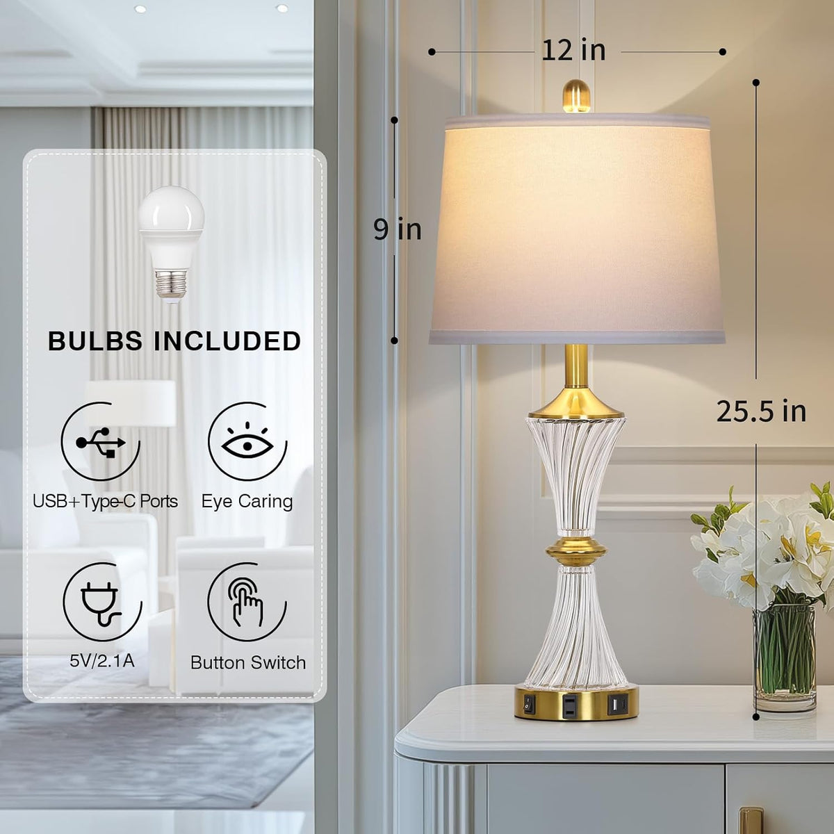 Rinweey Crystal Glass Table Lamp with USB C+A Ports & AC Outlet,Modern Bedroom Lamps,Gold Lamp for Night Stands Bedroom Living Room,Nightstand Lamp LED Bulbs Included,Single Gold