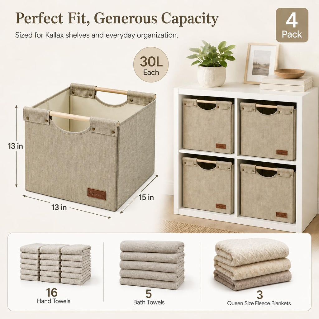 KAKAMAY Cube Storage Bin 13x15x13 Storage Cubes for Kallax 4-Pack Khaki