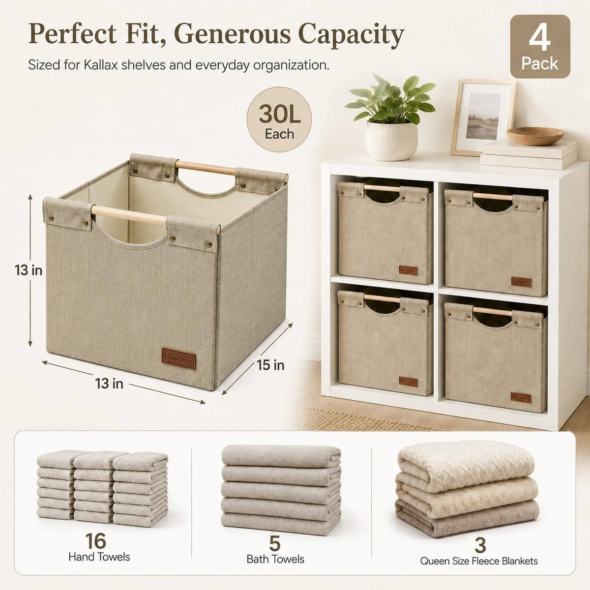 KAKAMAY Cube Storage Bin 13x15x13 Storage Cubes for Kallax 4-Pack Khaki