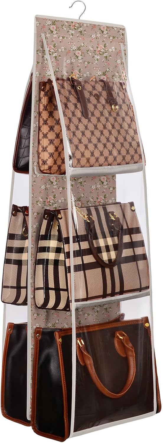 Lirex Medium and Large Handbag Hanging Purse Storage Organizer, Oxford Cloth Closet for Bedroom, Foldable and Universal Fit, Light Khaki Camellia