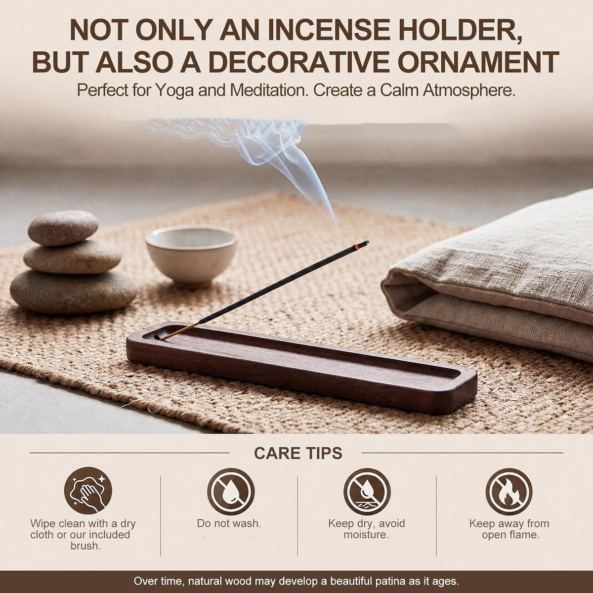 Handcrafted Walnut Wood Incense Holder, 3mm Hole Stick Burner with Large Ash Catcher, Minimalist Home Decor for Yoga Meditation, Ideal Aromatherapy Gift