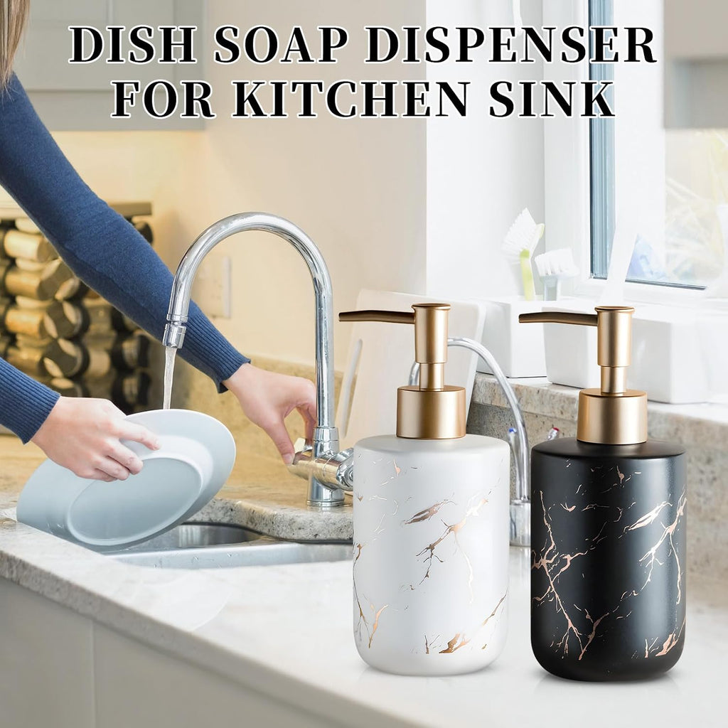 Gold Soap Dispenser, Dish Soap Dispenser for Kitchen Liquid Soap Pump Dispenser for Shower, Ceramics Refillable Hand Soap Lotion Dispenser, Shampoo Lotions Bottle for Bathroom, 10.5 OZ (White).