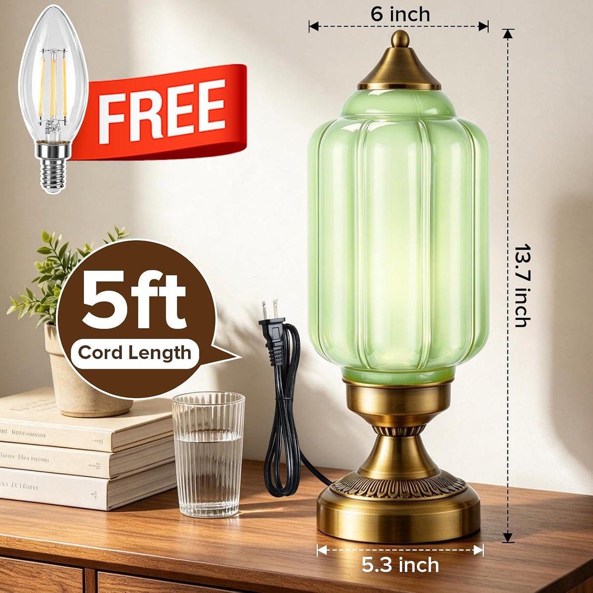 Vintage Brass Table Lamp with Green Milk Glass Shade