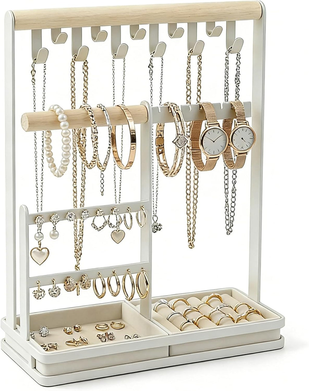 Jewelry Stand Holder Organizer, 4-Tier Necklace Holder with Ring Tray, 11 Hooks Display Storage Tower for Bracelets, Earrings, Watches (White)