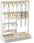 Jewelry Stand Holder Organizer, 4-Tier Necklace Holder with Ring Tray, 11 Hooks Display Storage Tower for Bracelets, Earrings, Watches (White)