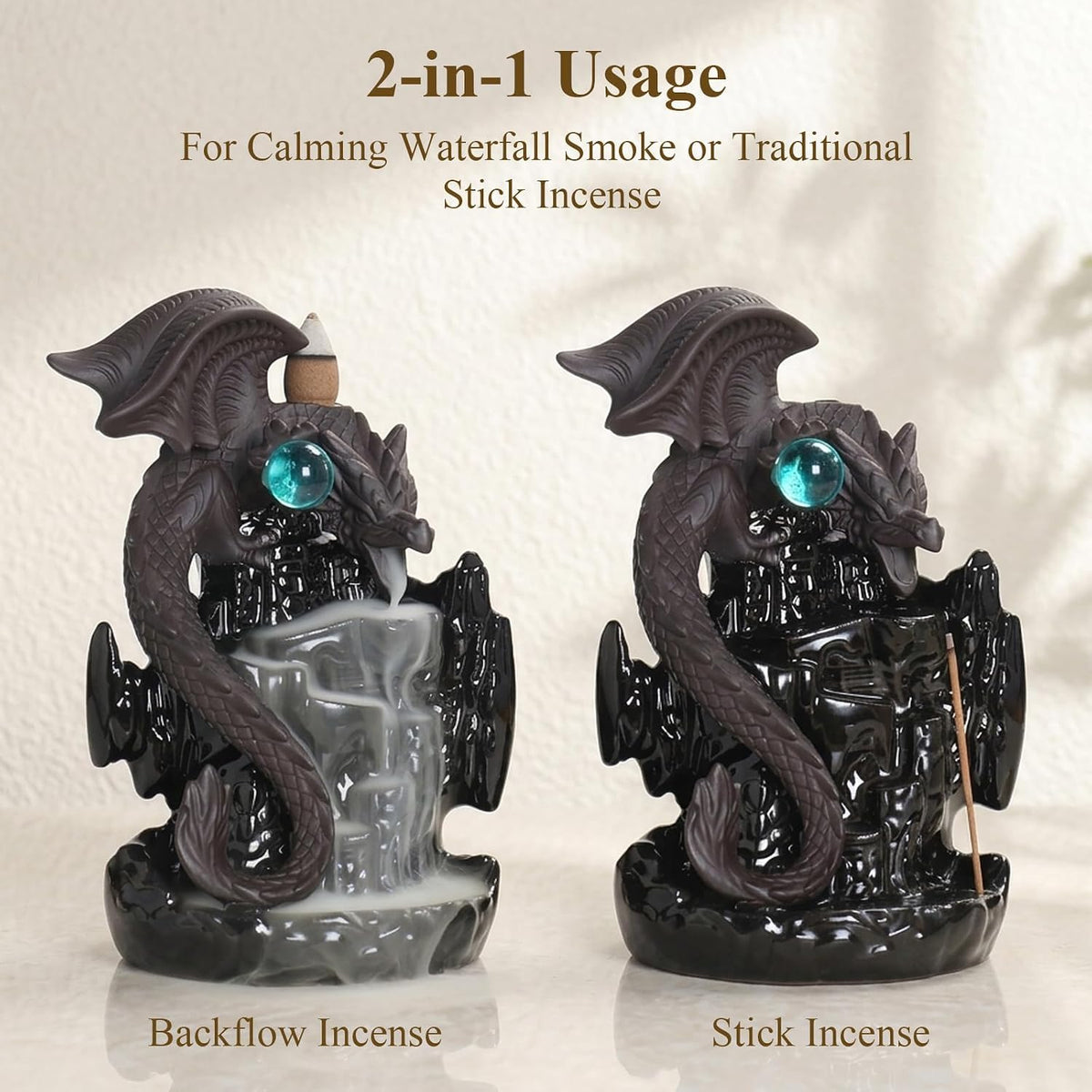 Ceramic Backflow Incense Holder Waterfall Burner, Dragon Design