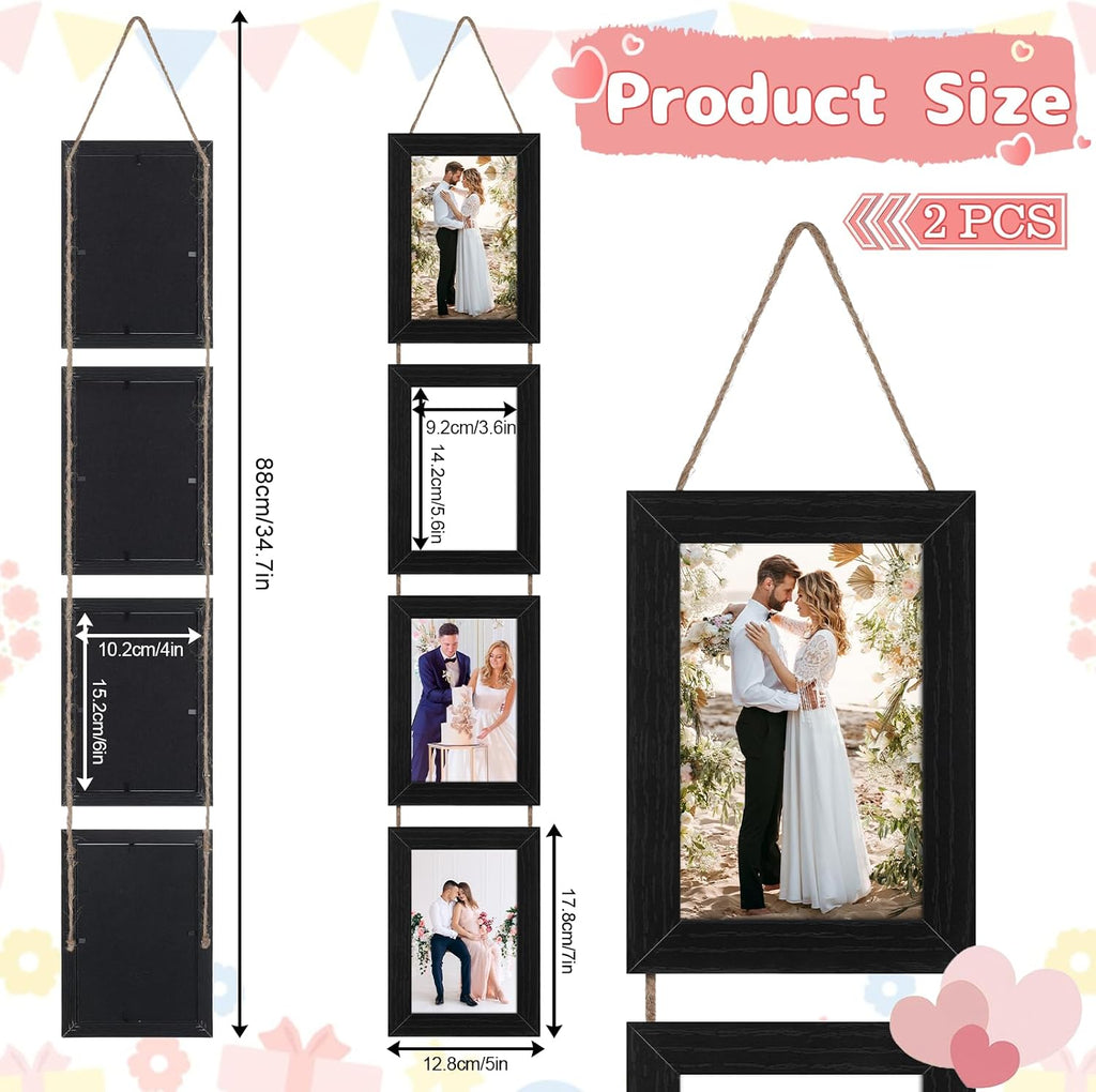 4x6 Black Hanging Collage Picture Frames Set of 2, 8 Openings Collage Photo Frames Rustic Wooden Real Glass Vertical Hanging
