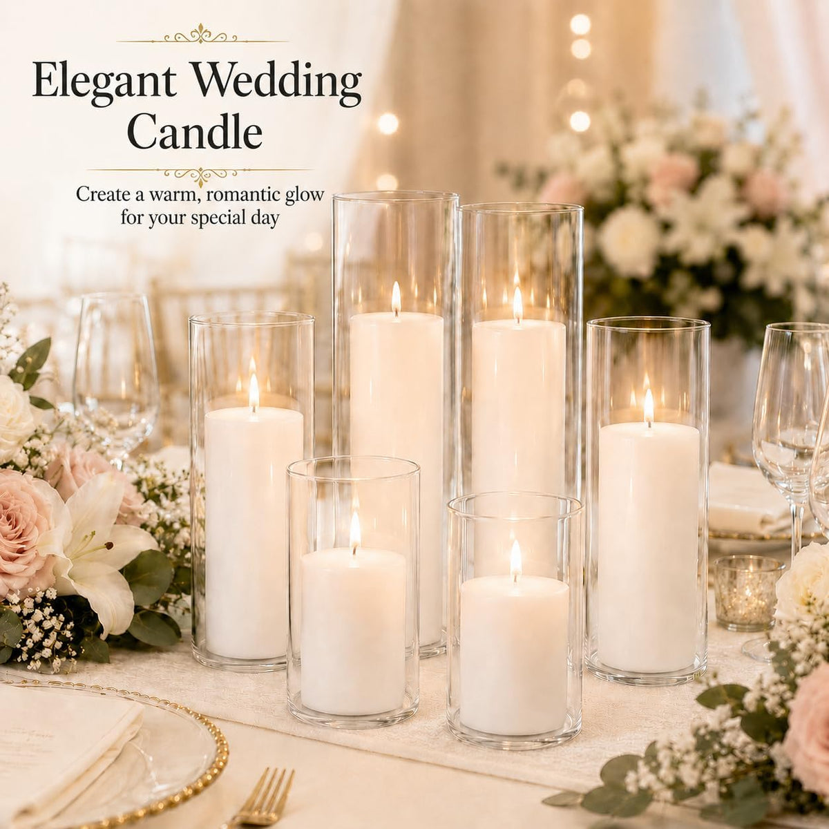 Set of 12 White Pillar Candles with Clear Glass Hurricane Holders- Elegant Cylinder Candle Vases for Weddings, Parties, Centerpieces, Home & Office Decor (White, 12 Set)