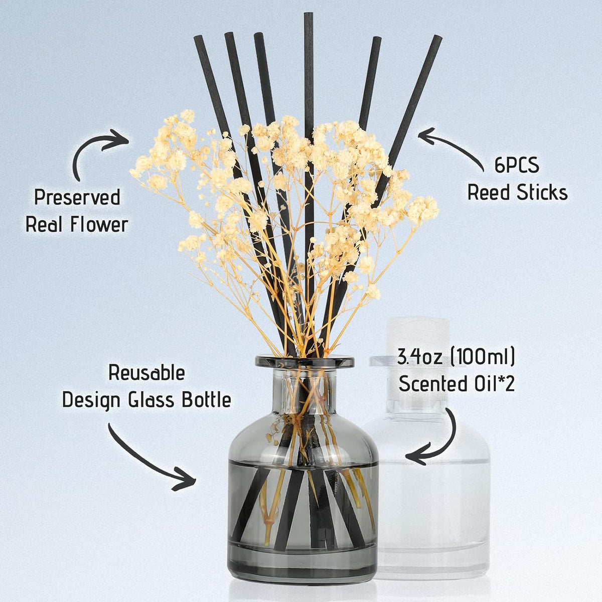 Brakula 2 Pack Reed Diffuser, Eucalyptus & Wild Mint + Lavender Eucalyptus (3.38 fl oz Each Pack), Home Fragrance with 12 Sticks, Shelf Decor, Reed diffusers for Home