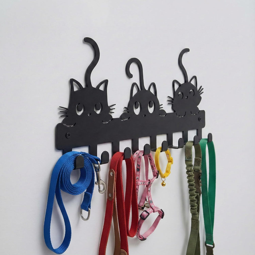 Key Hooks Holder for Wall Mounted with 8 Hooks, Black Cute Cat Key Hanger Rack Wall Decorative for Home, with Mounting Hardware, Dog Leash Holder, Entryway, Hallway, Office Ready to Hang