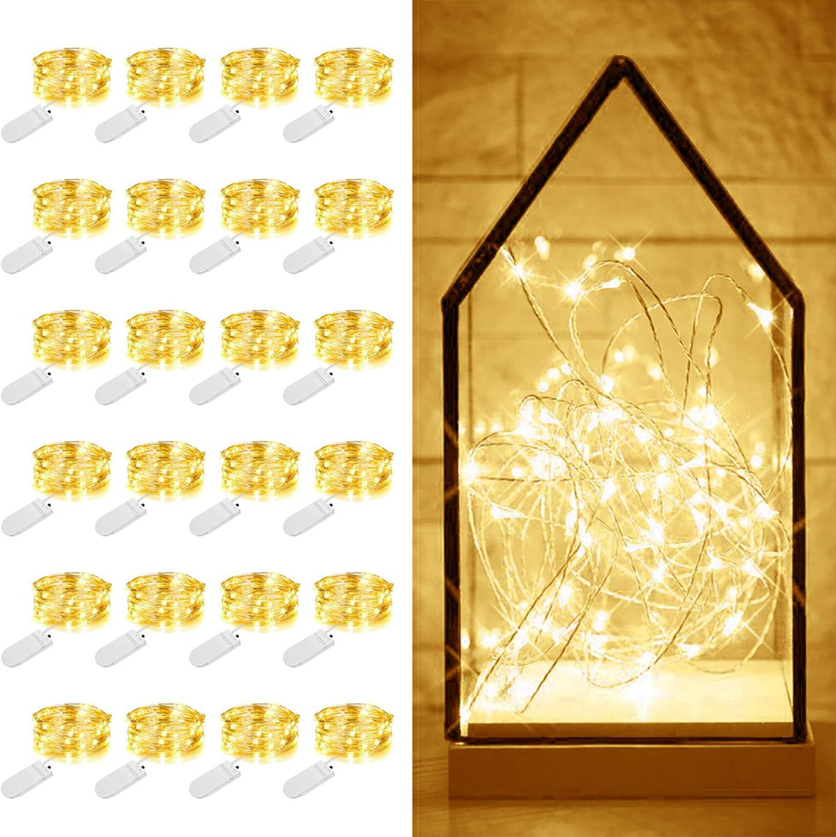MUMUXI 24 Pack 7.2ft Fairy Lights Battery Operated, 20 LED String Lights, Waterproof Silver Wire, Warm White for Bedroom, Weddings, Halloween, Christmas Decorations, Battery Powered Indoor Outdoor Use