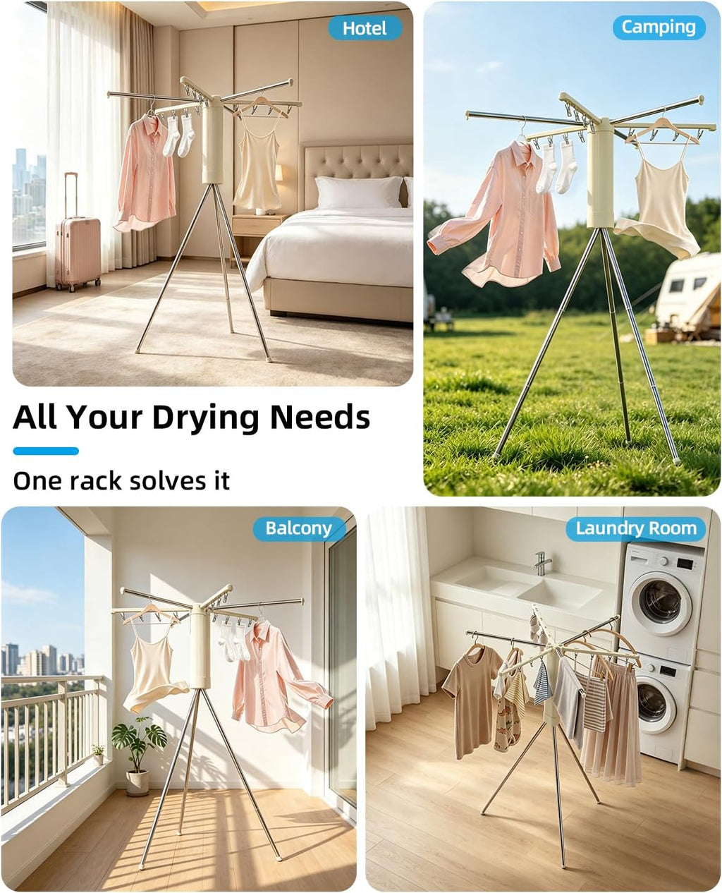 Foldable Tripod Clothes Drying Rack for Balcony, Hotel, Apartment, Bedroom