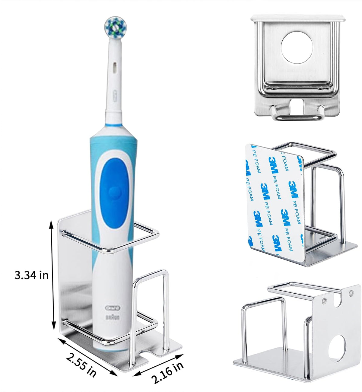 Toothbrush Holder Wall Mounted, Stainless Steel Bathroom Organizer for Electric Toothbrush, Toothpaste & Cup, No Drill Adhesive Shower Caddy (Silver,1 Pack)