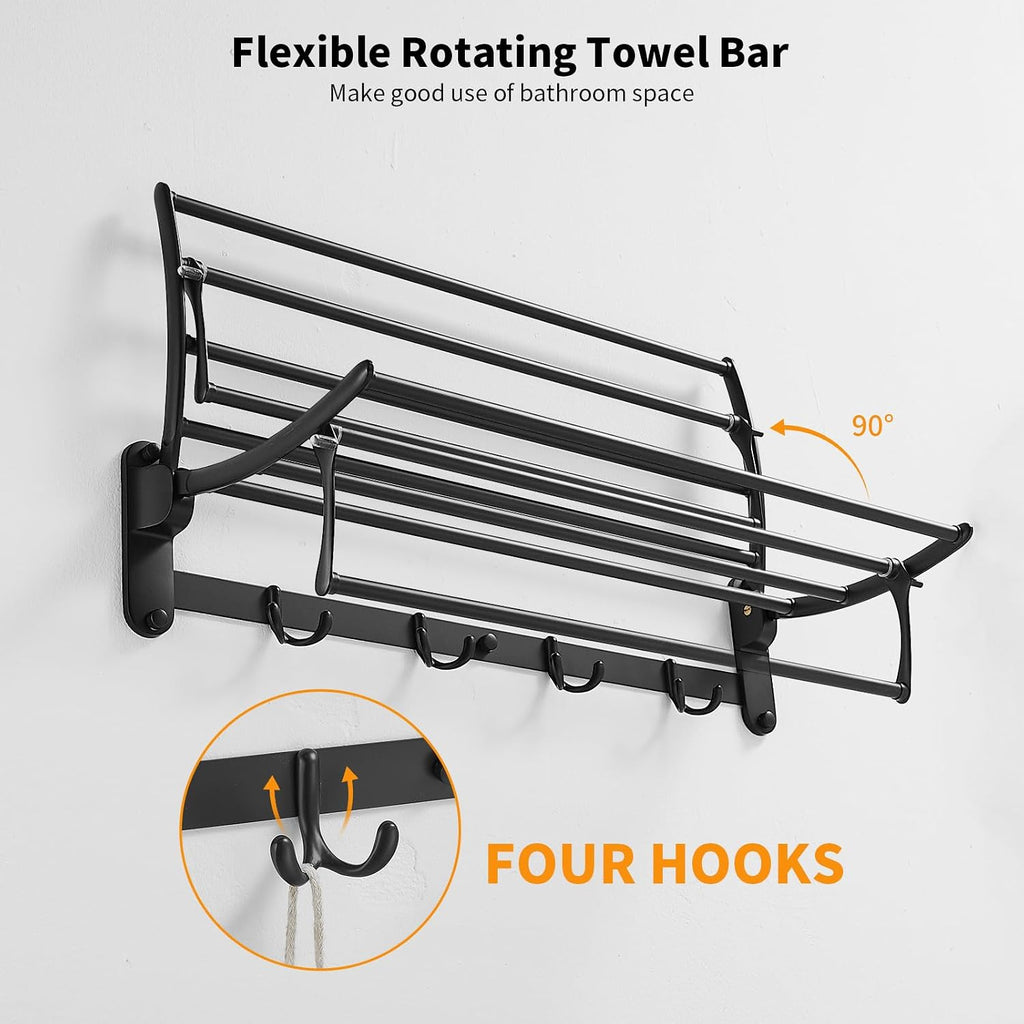 BESy Towel Racks with Foldable Towel Bar Hooks, Wall Mounted Matte Black