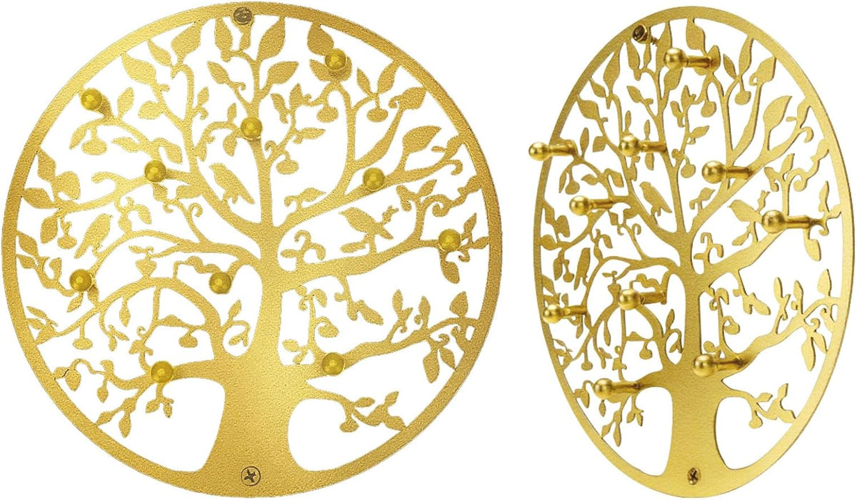 Round Decorative Home Key Holder Wall Mount, 2 Pack Metal Tree Car Key Rack for Wall Organizer for Keys, Wallets, Hats, Used for Decor for House Entryway, Kitchen, Garage, Office (12" Gold)