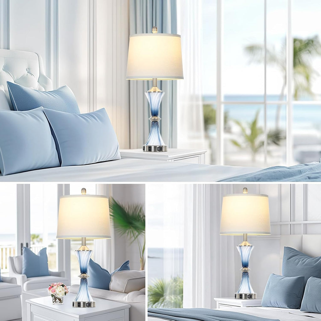 Rinweey Blue Glass Table Lamp with USB C+A Ports & AC Outlet,Coastal Bedside Lamp for Night Stands Bedroom Living Room,Nightstand Lamp LED Bulbs Included,Single Blue