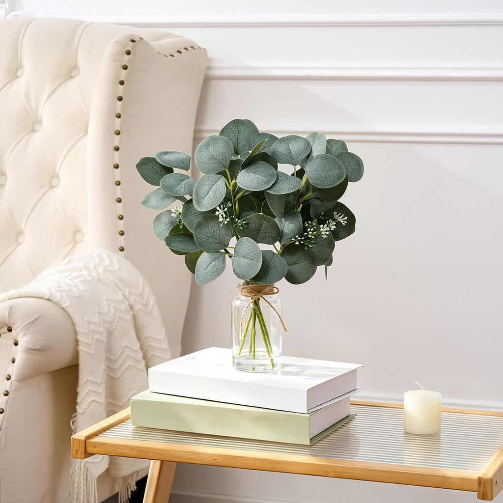 Artificial Eucalyptus Stems In Glass Vase, Fake Plants with Faux Water