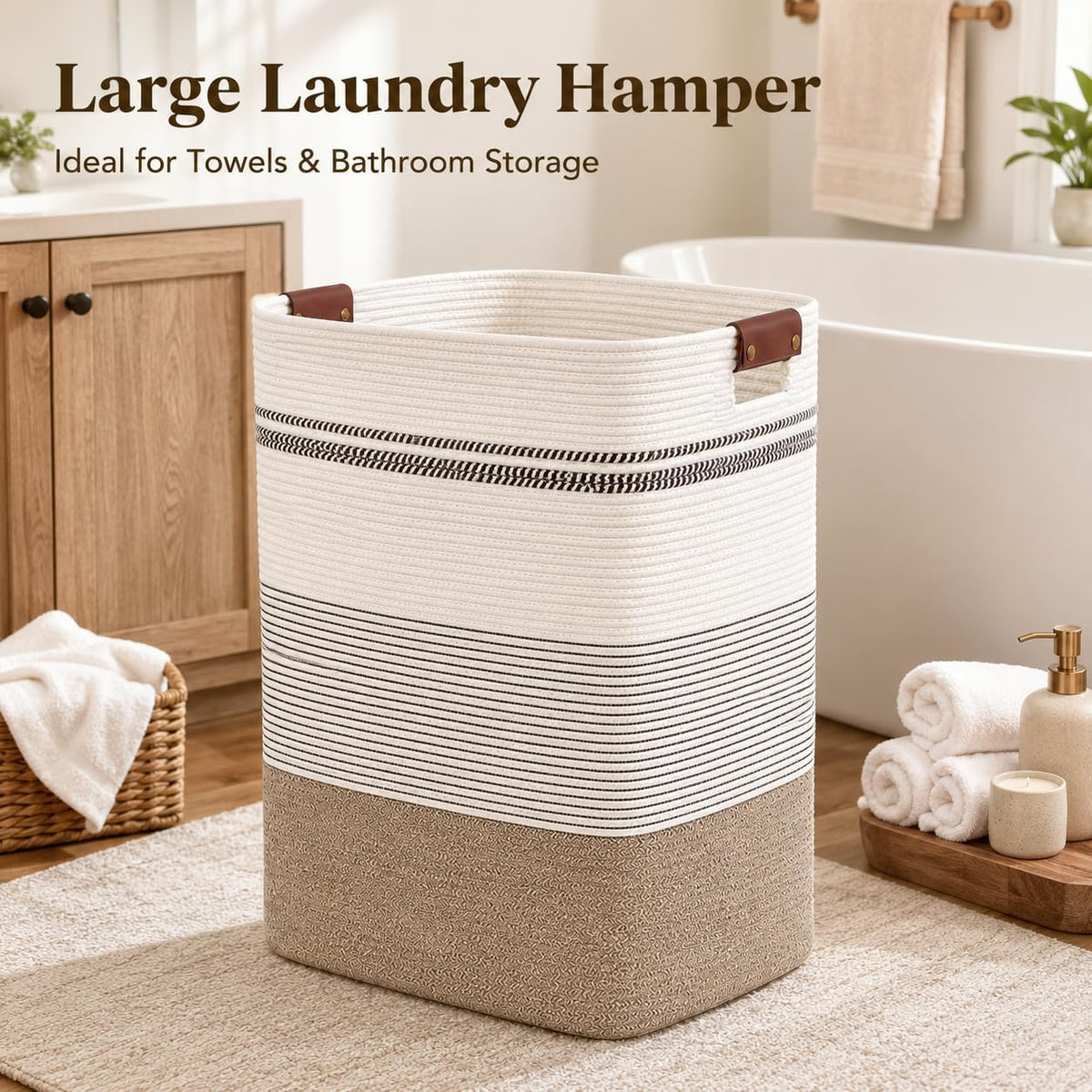 Laundry Hamper, Cotton Rope Laundry Basket with Leather Handles, 22.5-Gallon/85 L Large Clothes Hampers for Laundry, Woven Laundry Baskets for Blankets, Clothing, Bedroom, Living Room, Nursery