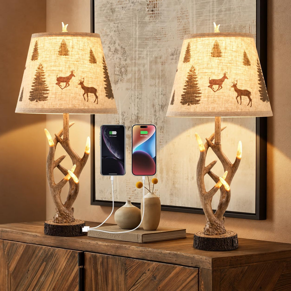 Dungoo 26" Rustic Antler Table Lamp Set of 2 for Bedroom with USB- C Port