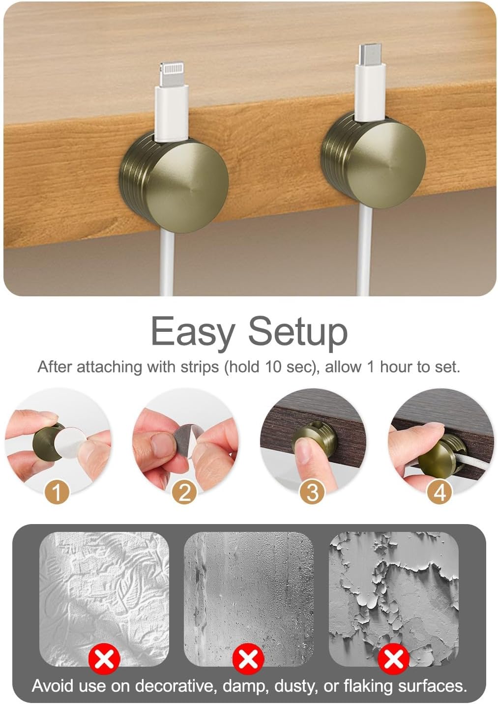 Strong Adhesive Cord Holder for Nightstand with Wider Base, 3 Pack