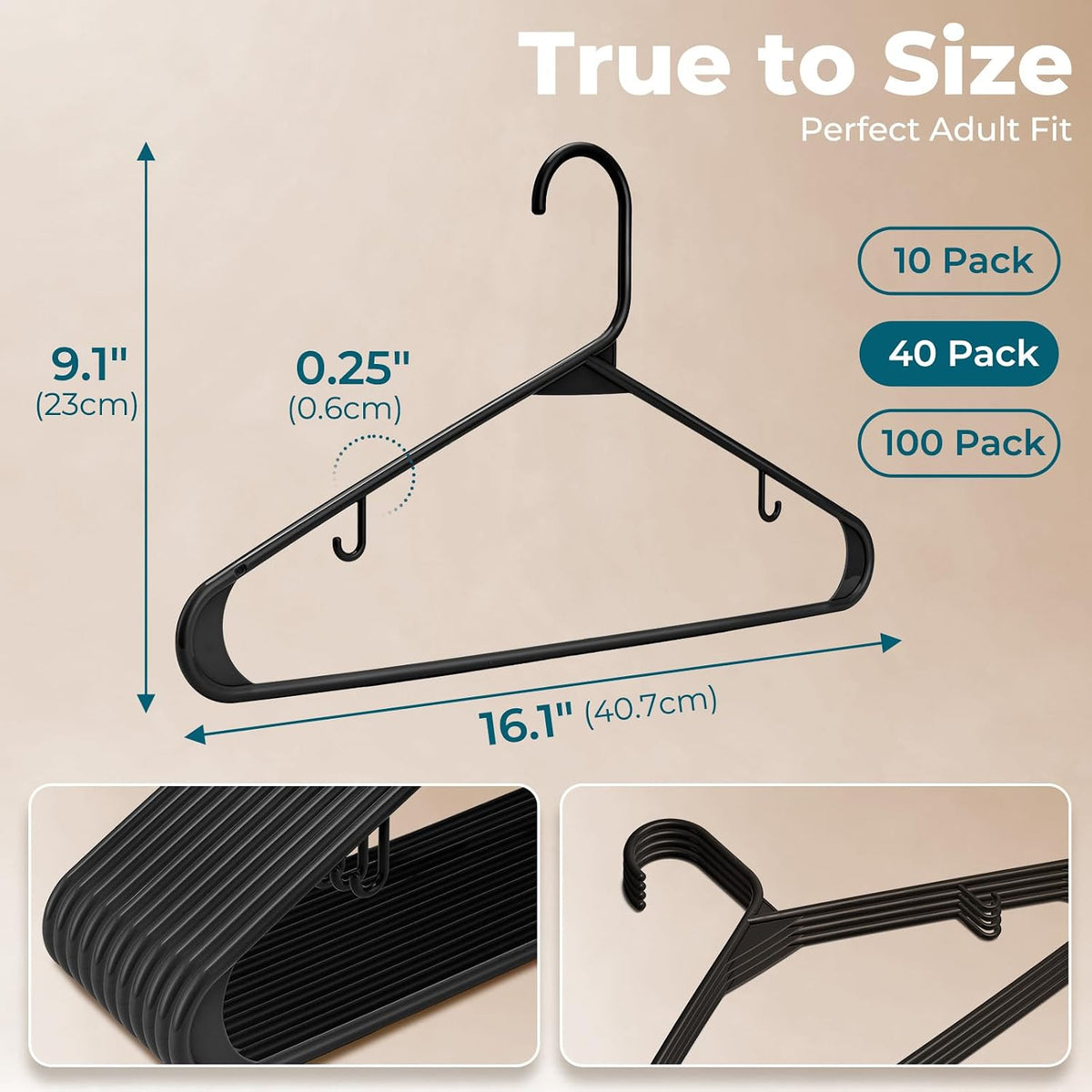 HOUSE DAY Black Plastic Hangers 40 Pack, Slim Space-Saving Clothes Hangers