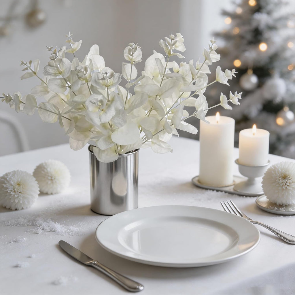Tinsow 5 Pcs Artificial Eucalyptus Branches Real Touch Leaf Stem White Faux Eucalyptuses Wedding Bouquet Centerpiece Christmas Home Decor (White and Beige Mix, 5)