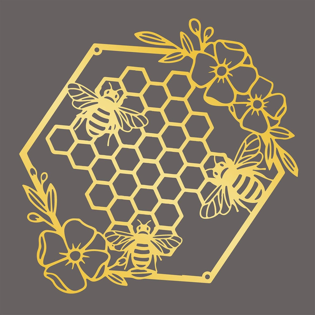 Yuzhuo Metal Bee Wall Art - Farmhouse Honey Bees and Hives with Flowers - Gold, Small