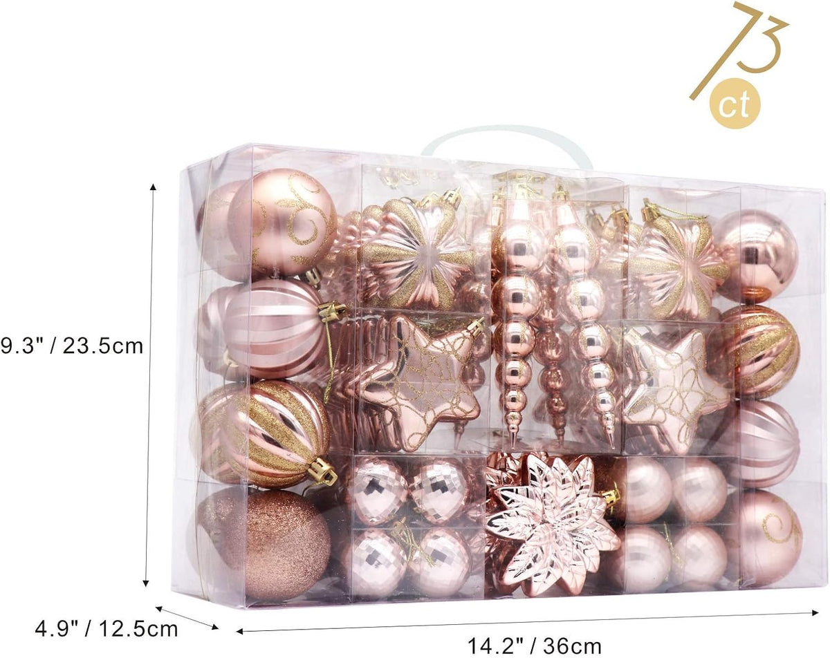 73ct Assorted shatterproof Christmas Ornaments Luxury Collection Set in Reusable Hand-held Gift Package for Christmas Tree Decoration (Champagne)