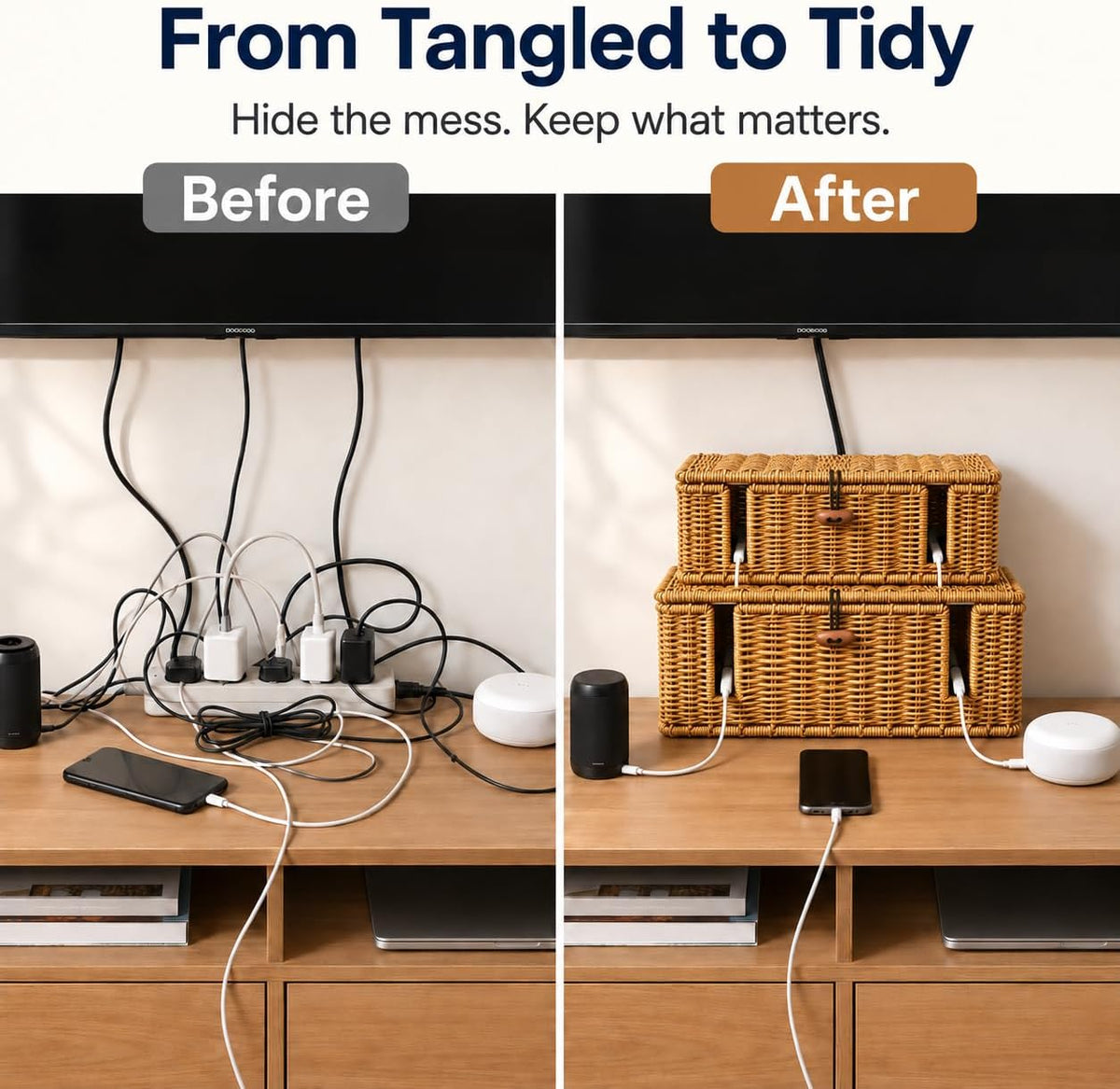 Cable Management Box, 2 Pack Cord Organizer Box, Hider for Power Strips
