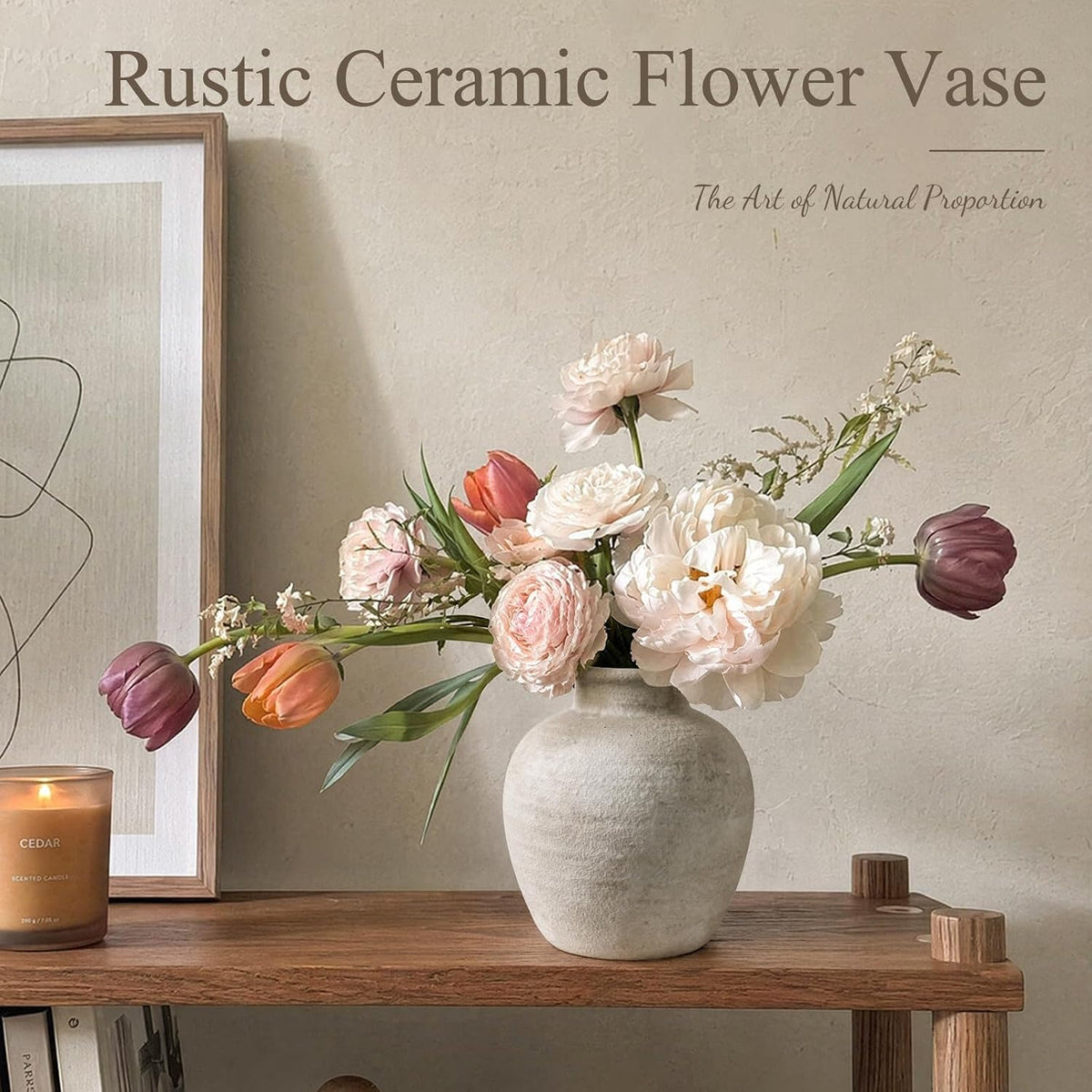 DomeStar Small Ceramic Flower Vase, 6.7 Inch Wabi-Sabi Stone Texture, Beige