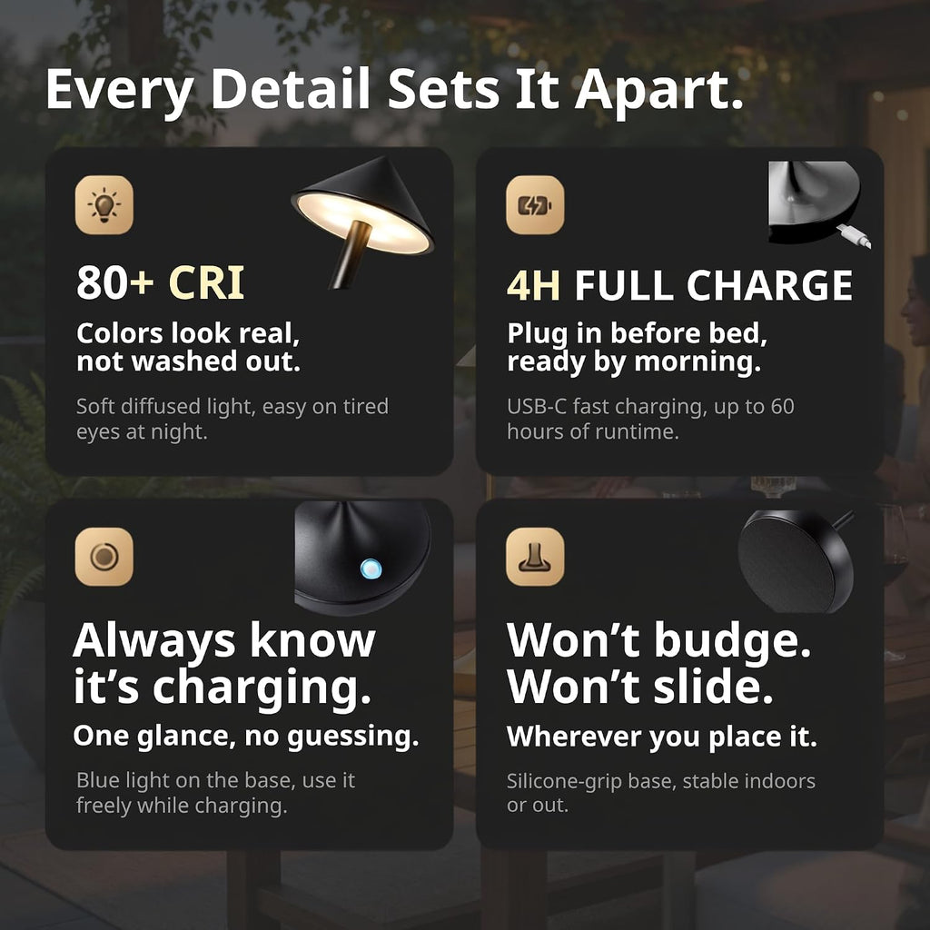 Cordless Rechargeable Table Lamp, Long-Lasting 60-Hr Battery, Dimmable LED