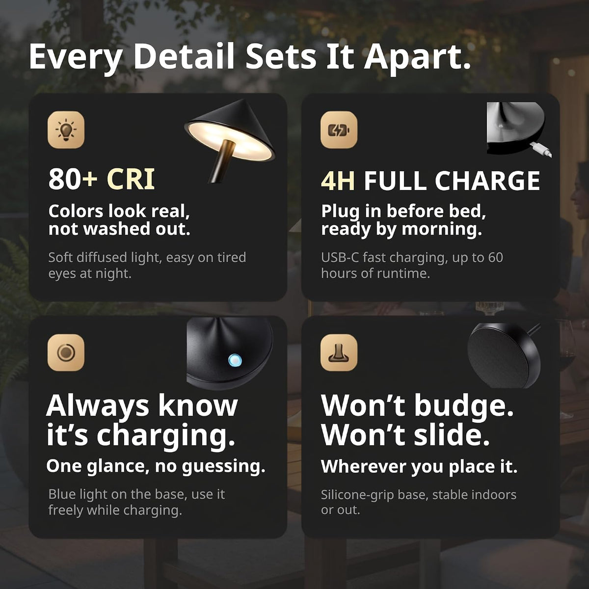 Cordless Rechargeable Table Lamp, Long-Lasting 60-Hr Battery, Dimmable LED