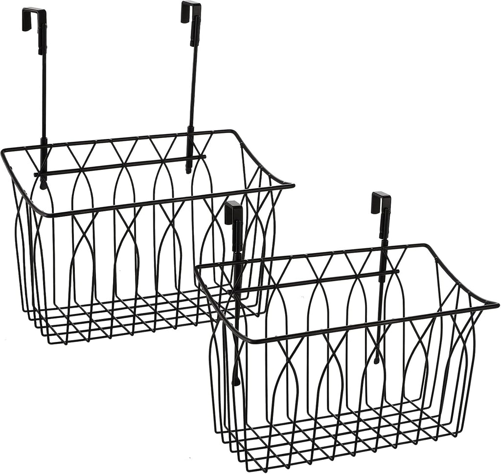 TOPZEA 2 Pack Grid Storage Baskets with Hooks, Metal Hanging Wire Basket Kitchen Over the Cabinet Door Organizer Caddy for Cutting Board, Kitchen Wrap, Foil, Cleaning Supplies, Bakeware, Towel