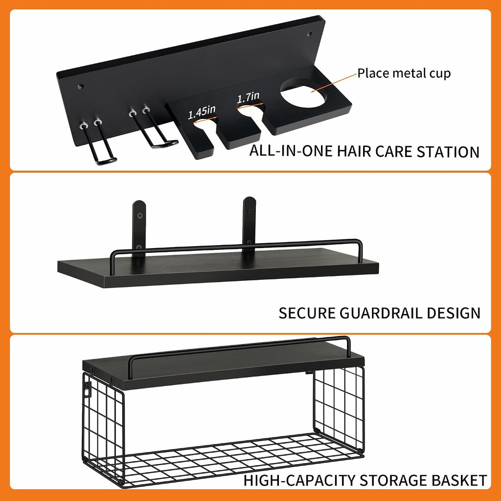 3-Tier Bathroom Floating Shelves with Hair Dryer Holder, Black