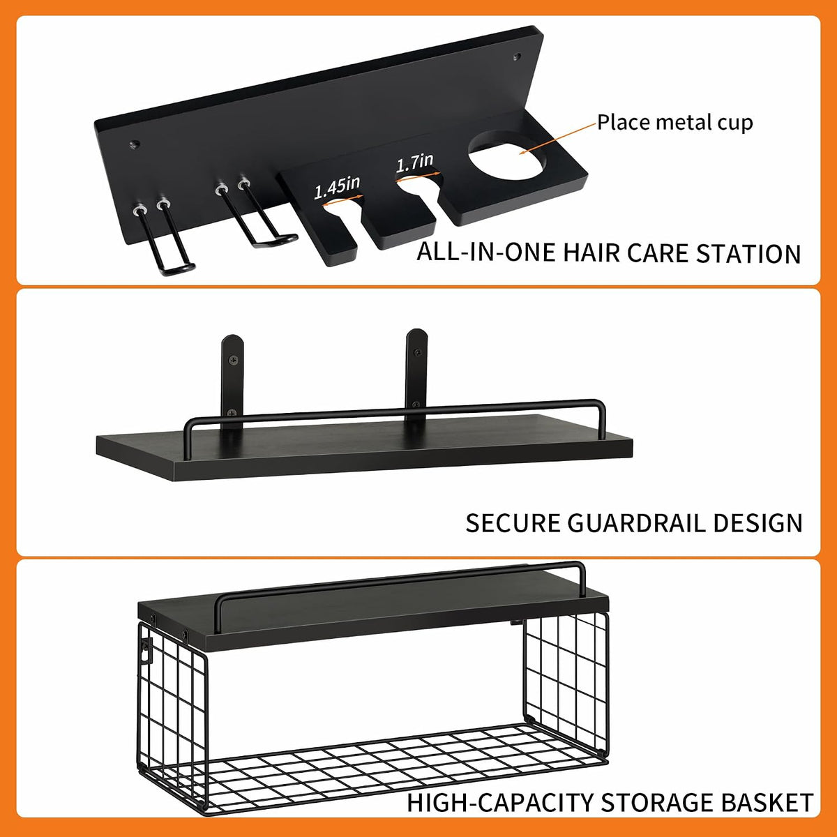 3-Tier Bathroom Floating Shelves with Hair Dryer Holder, Black