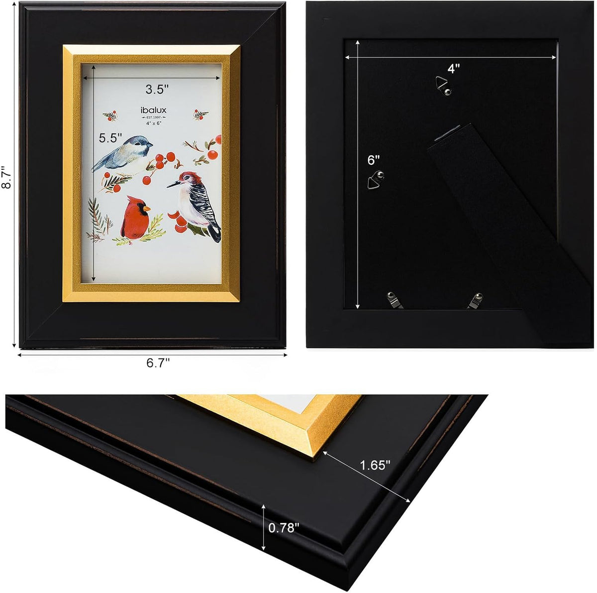 4x6 Black Wood Picture Frame with Real Glass, Gold Inner Border, Vertical and Horizontal for Tabletop or Wall Hanging