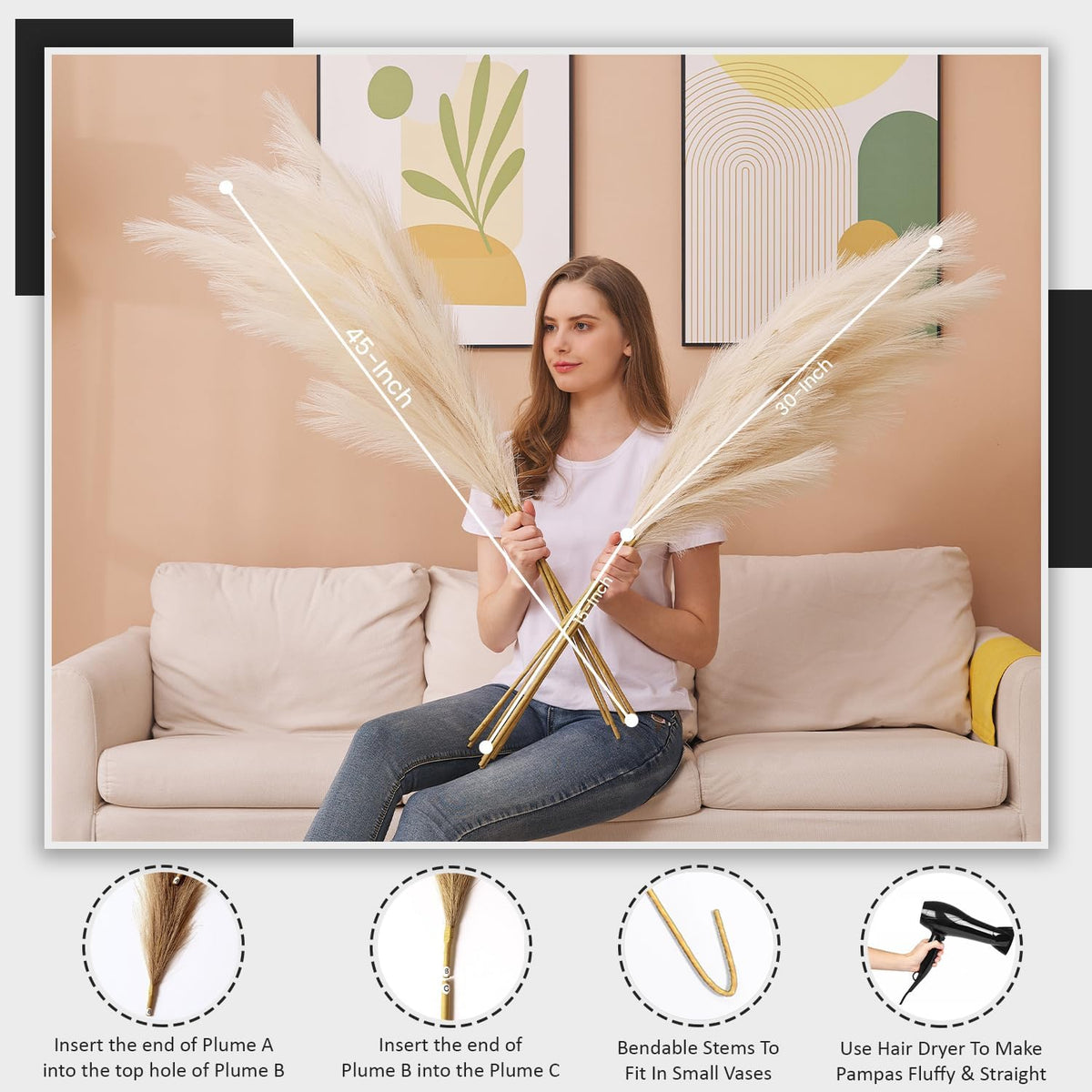 7 Pcs 45" Faux Pampas Grass – Fluffy Artificial Pompous Grass for Tall Floor Vase, Non-Shedding Home Decor, Boho Wedding Flowers, Baby Shower Centerpieces, Bedroom & Living Room Decor (Beige)