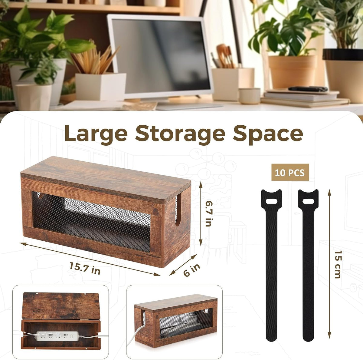 Chunful Extra Large Cable Management Box, 16'' Wood Cord Box Organizer with Ventilation Nets & Organizer for Power Strip, TV Wires & Desk Cable Storage, Magnetic Lid Hide Floor Cables