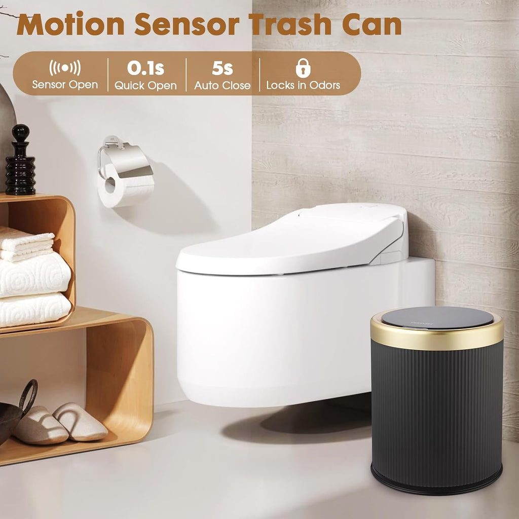 Automatic Bathroom Trash Can with Lid,Small Wastebasket Gold Black