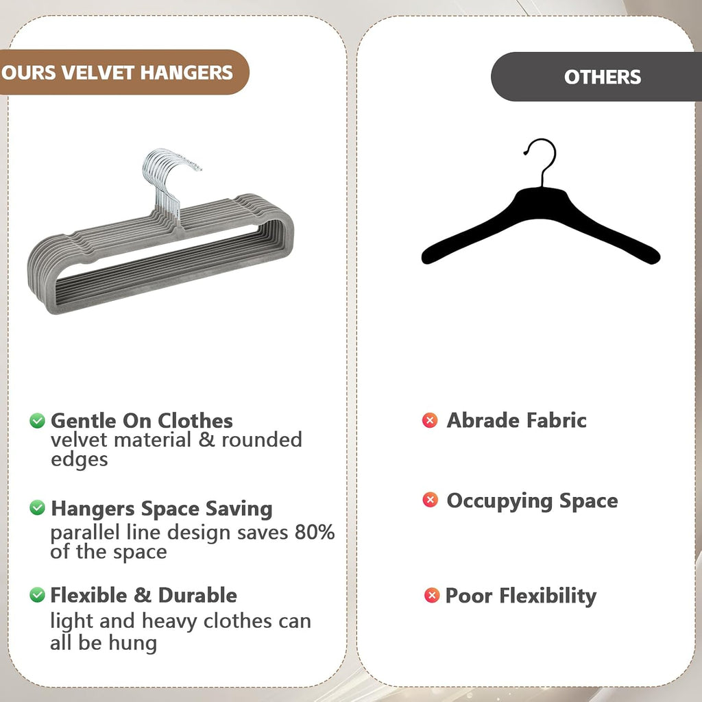 50 Pack Velvet Pants Hangers Non Slip, Velvet Hangers Space Saving for Closet, Strong Durable Clothes Hanger with 360° Swivel Hook, Ultra Soft Flocked Hanger for Pants Jeans Shirts Bra Shorts (Grey)