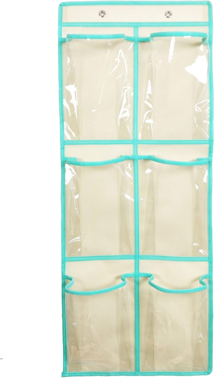 Over The Door Hanging Shoe Organizer Narrow Closet Door Shoe Storage 6 Large Clear Pockets Chart 2 Pack (BEIGE)