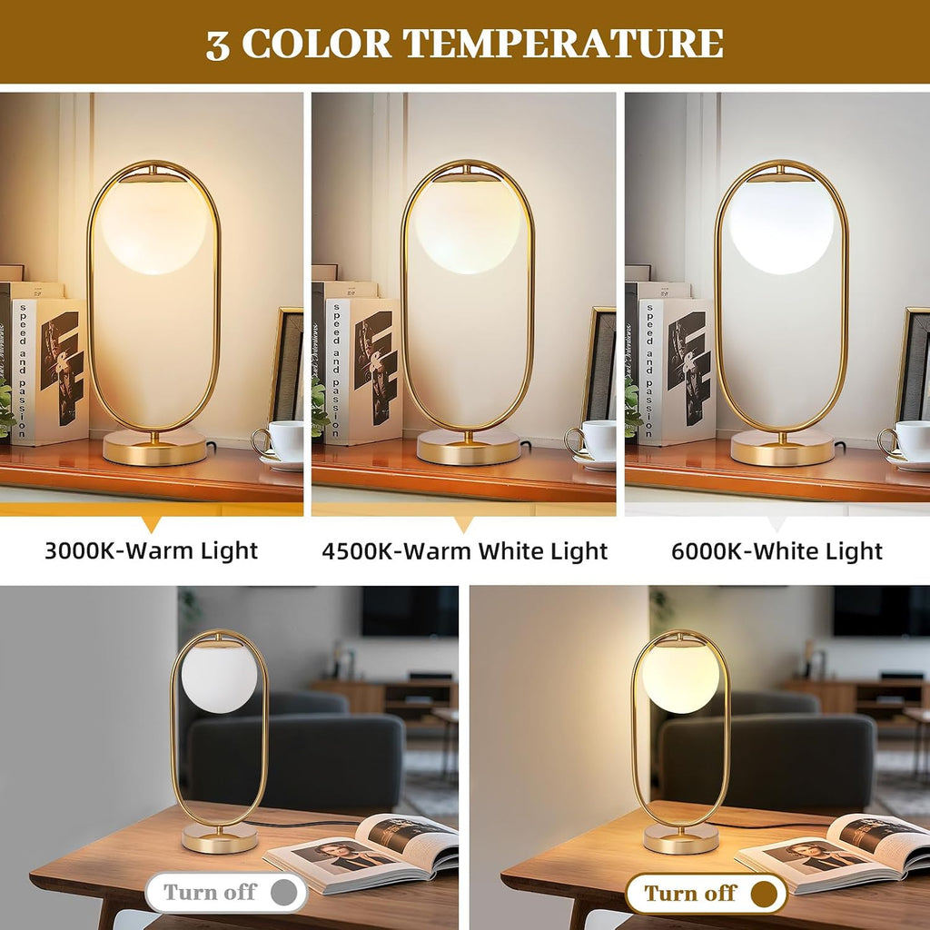 NKU Mid Century Modern Table Lamp, Boho Vintage Glass Globe Lamp with LED Bulb, Bedside Nightstand Light for Bedroom Farmhouse Office Desk