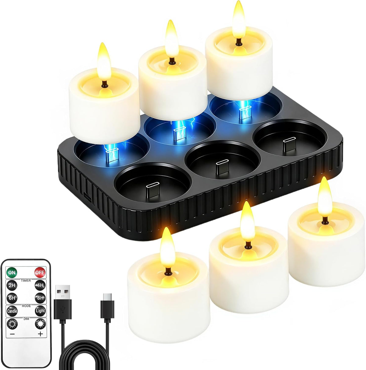 6 Pack Rechargeable Tea Lights Candles with Charging Base and Remote Timer