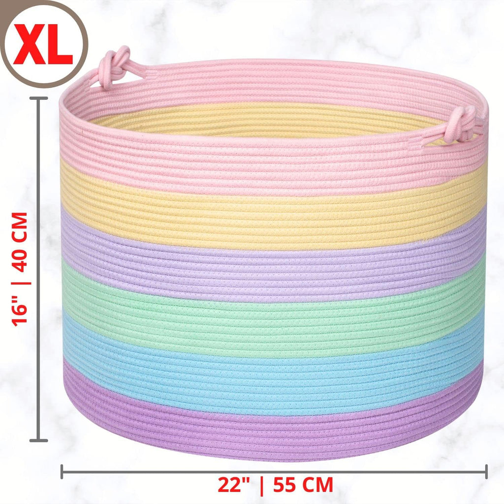 MINTWOOD Design XXXXLarge 22 x 16in Decorative Woven Cotton Rope Blanket Storage Basket Bin Living Room with Handles and Laundry Hamper for Pillows, Pool Towels, Dog Toys, Shoes, Pastel Rainbow