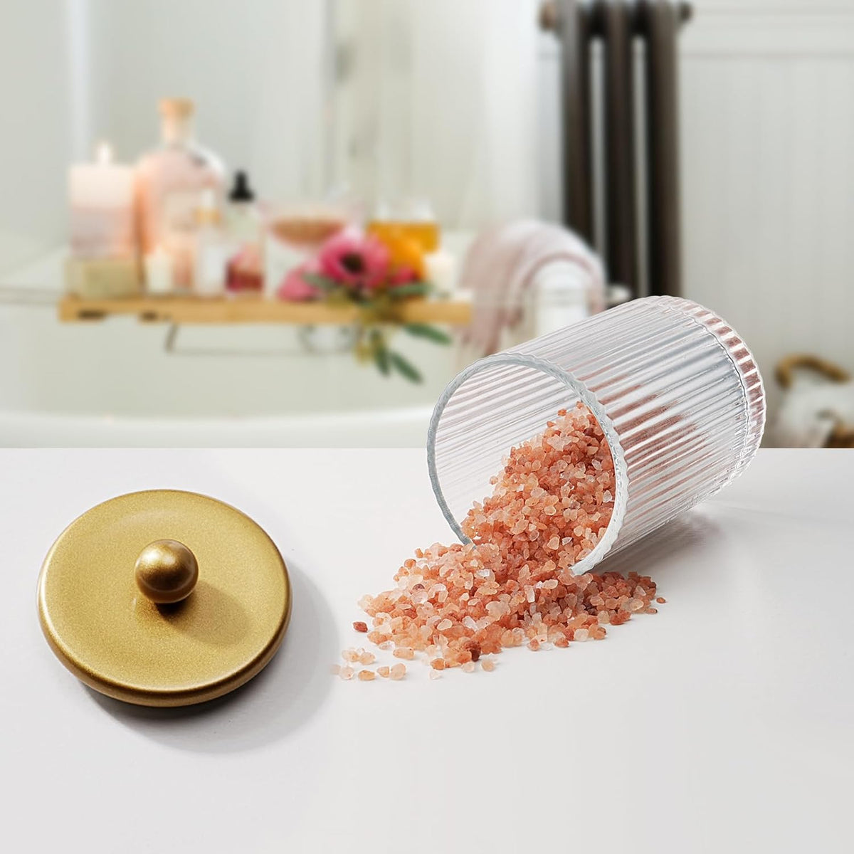 SheeChung 4 Pack Gold Ribbed Glass Qtip Holder with Metal Lids