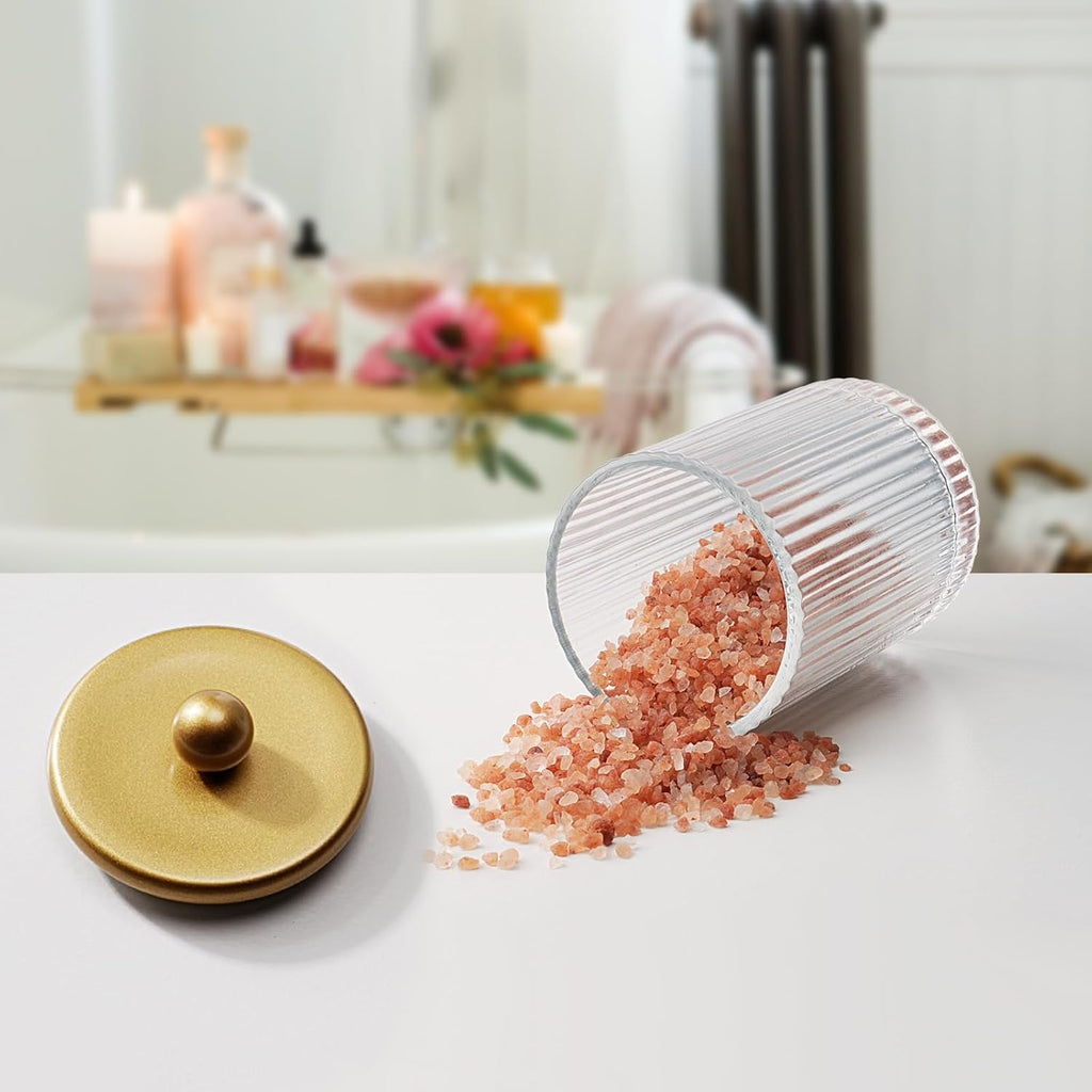 SheeChung 2 Pack Gold Ribbed Glass Qtip Holder with Metal Lids